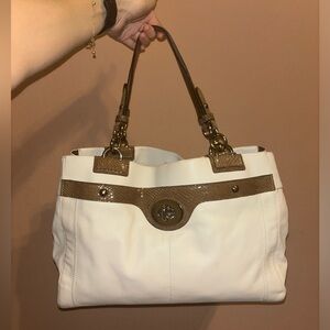 COACH Penelope Turnlock White Brown Shoulder Bag